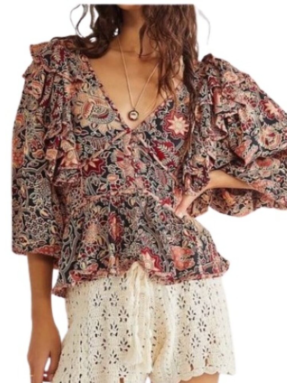House of Harlow 1960 Nicole Ritchie Womens Jaipur Print Ruffled Blouse  S